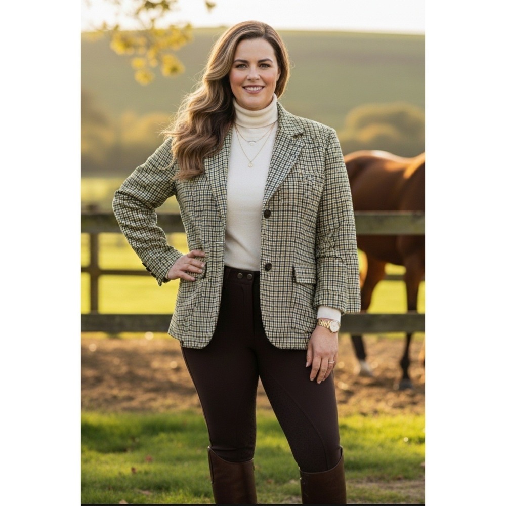 Talbots Blazer Women 16P Green Wool Blend Houndstooth Equestrian Tweed Jacket